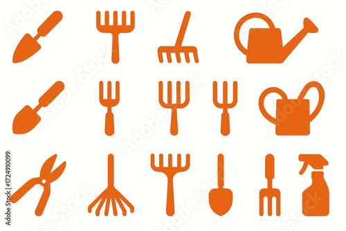 Gardening tool icons collection: trowel, rake, pruner, watering can, spray bottle