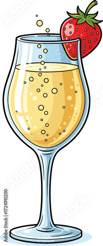 Sparkling champagne glass with strawberry garnish and bubbles for celebration, festive drink vector, elegant beverage design, and party themes