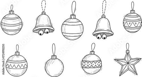Hand-Drawn Christmas Ornaments Set with Baubles, Bells, and Star for Holiday Decoration, Festive Design, Vector Sketch Illustration