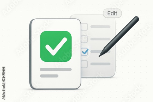 approval check icon app card with edit panel, stylus selecting checkbox on form, minimal ui dashboard verification and task management
