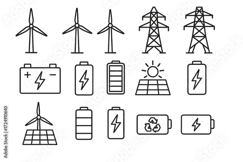 Renewable energy icons: wind turbines, solar panels, batteries, power lines, recycling