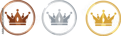 Gold Silver Bronze Crown Icons in Circular Frames for Ranking, Achievement, Victory, Tier System, Glossy Vector Award Design