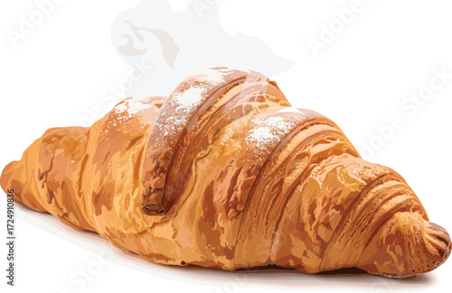 Freshly baked croissant with powdered sugar and steam on white background for breakfast pastry vector and bakery illustration themes