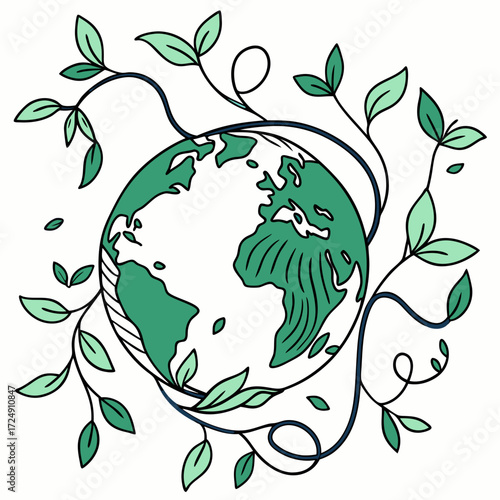 Stylized illustration of planet earth embraced by growing green vines and leaves symbolizing nature growth and environmental consciousness