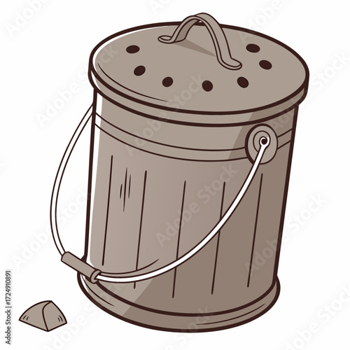 A cartoon illustration of a compost bin with a lid and handle showing ventilation holes and a small piece of debris on the side isolated on a white background
