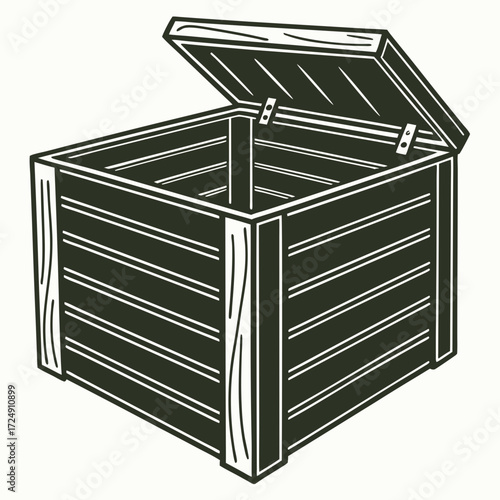 A dark green wooden chest with the lid open revealing the empty interior presented in a simple clean graphic illustration style
