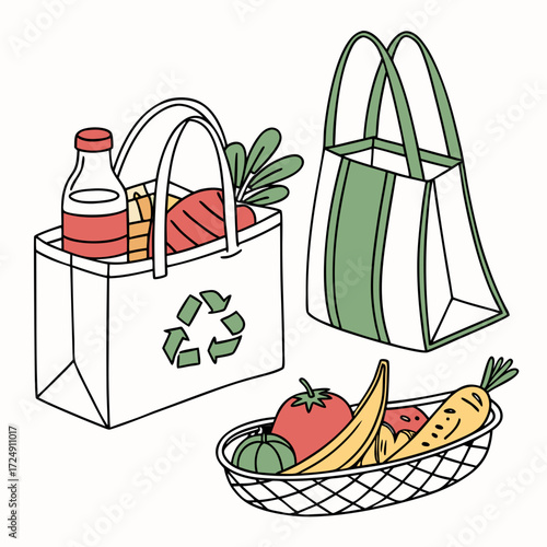 Illustration of reusable grocery bags and a basket filled with fresh fruits and vegetables symbolizing eco friendly shopping and healthy eating habits