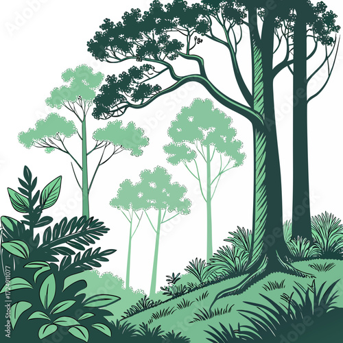 Stylized illustration of a lush green forest with tall trees and dense foliage showcasing a natural landscape with a clean graphic aesthetic
