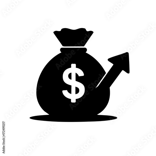 Money bag with dollar and upward arrow black and white icon
