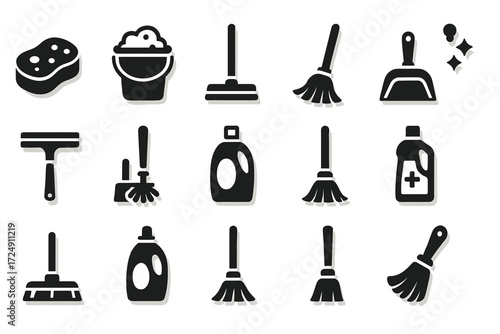 Black and white cleaning tools icons set: sponge, mop, broom, bucket, detergent