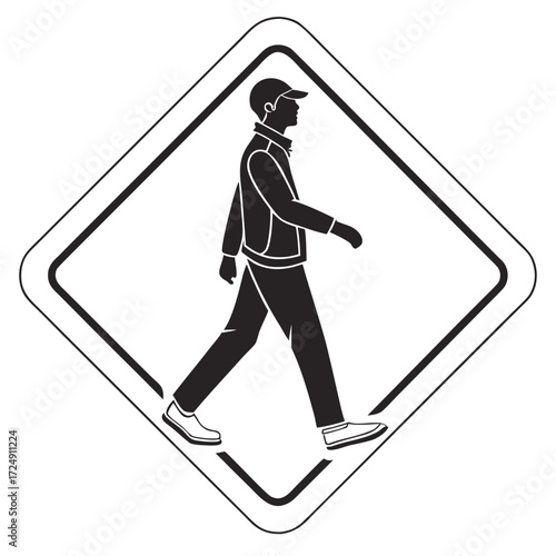 Black and white silhouette of a man walking in a diamond shaped sign indicating a pedestrian crossing or walkway area for people on foot