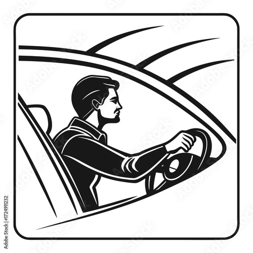 Stylized black and white illustration of a man driving a car seen from the side with a focus on the driver and steering wheel