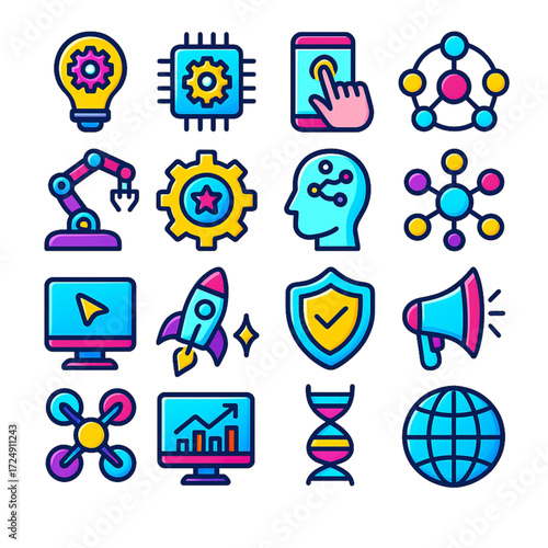 16 technology innovation icons in vibrant tech colors