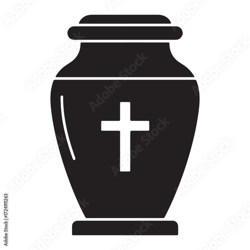Black silhouette of a cremation urn with a white Christian cross, a vector icon for funeral, memorial, and religious services