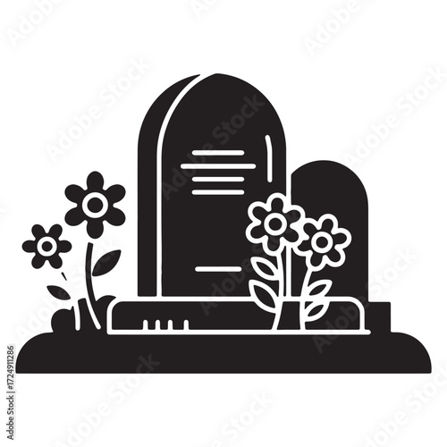 Cemetery Silhouette Commemorating Loss with Grave, Tombstone, and Flowers