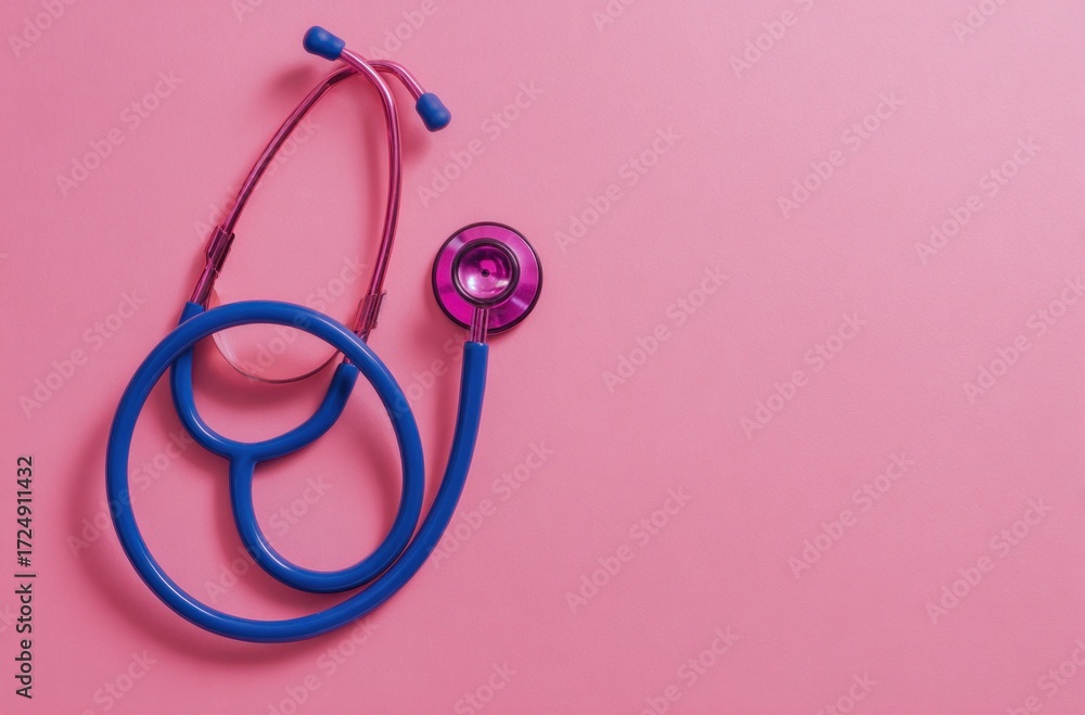 Fototapeta premium Pink-backed image featuring a blue and fuchsia stethoscope, coiled on the left side, providing an open, soft-toned, minimalistic composition