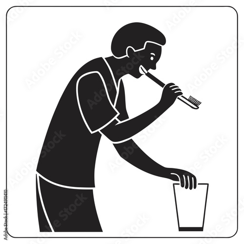 A simple black and white illustration of a person brushing their teeth with a toothbrush and holding a glass representing oral hygiene and daily routine