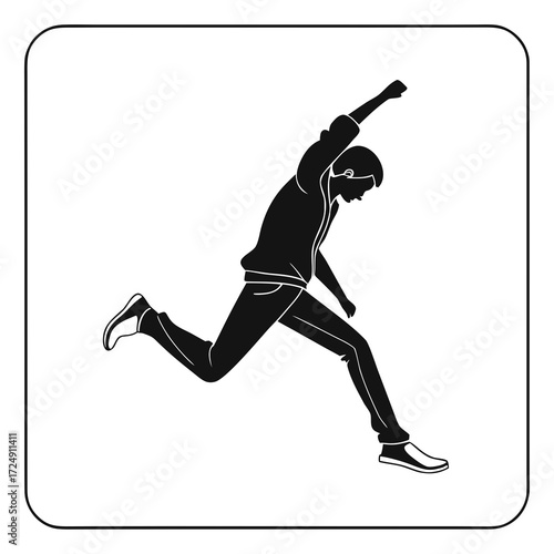 Dynamic silhouette of a young man in a hoodie and jeans captured mid stride during an energetic jump or run conveying movement and freedom