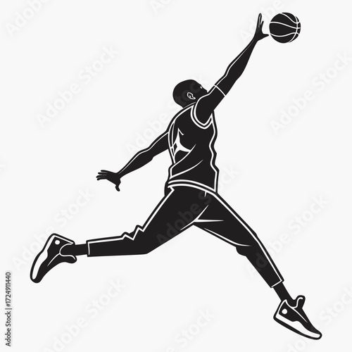 Dynamic silhouette of a basketball player in mid air reaching for the ball capturing the essence of athleticism and the sport