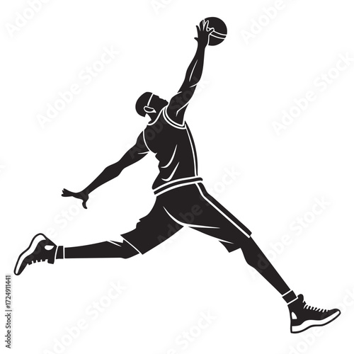 Dynamic silhouette of a basketball player in mid air performing a powerful dunk with the ball held high above his head against a clean white background