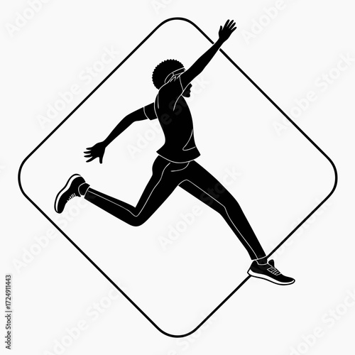 Dynamic silhouette of a person in mid air jump or run captured in a stylized diamond frame representing movement and athleticism with a modern graphic style