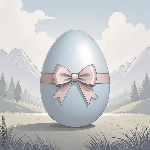 Pastel egg with ribbon in a landscape