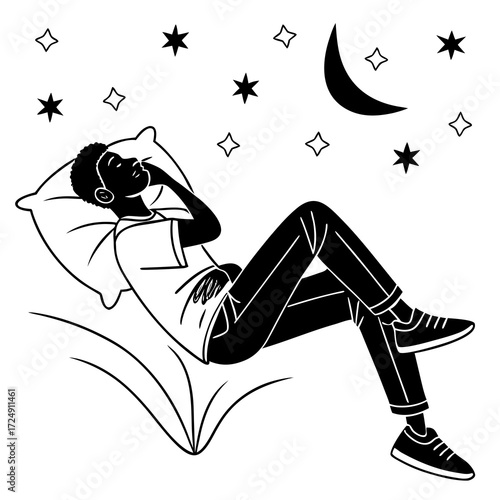 A young black person wearing headphones relaxes on a pillow under a starry night sky with a crescent moon enjoying music or a podcast