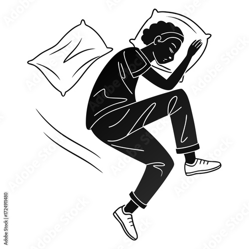 A stylized black and white illustration of a person sleeping soundly on their side with their knees bent and one arm resting on a pillow