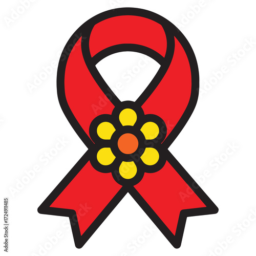 Vibrant Red Awareness Ribbon with Floral Accent Symbol of Hope and Support