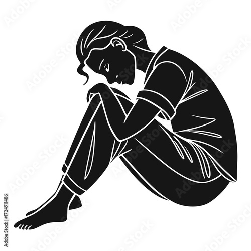 Stylized black and white illustration of a person curled up in a fetal position conveying feelings of sadness introspection or vulnerability