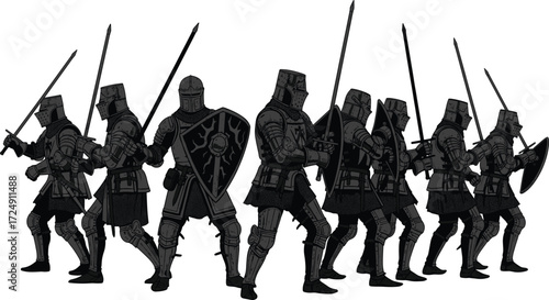 Medieval knights in full armor with swords and shields in battle formation, historic warrior illustration for fantasy and educational themes
