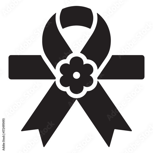 Elegant black ribbon icon featuring a central white flower, representing remembrance, grief, solidarity, and awareness campaigns, suitable for a variety of solemn contexts