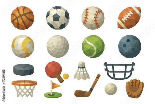 Collection of geometric sports balls and equipment in low-poly style