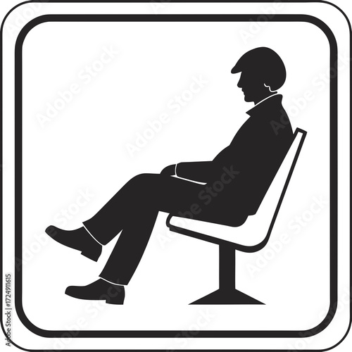 Silhouette of a man wearing a cap and jacket sitting with his legs crossed on a modern chair presented as a clean graphic icon within a rounded square border