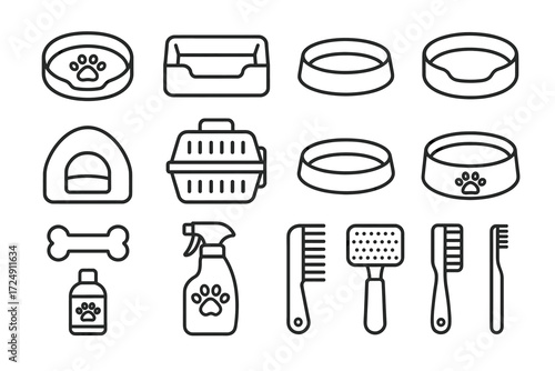 Pet accessories line icons: bowls, brushes, comb, carrier, bed, bone, cleaning spray