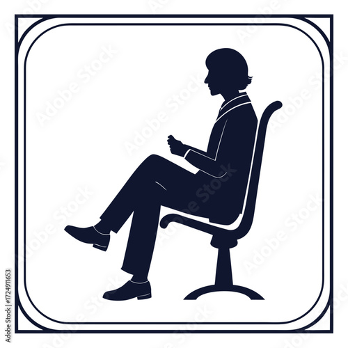 Silhouette of a person in a suit sitting in a chair holding a phone with a decorative border representing modern business or waiting