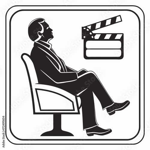 Silhouette of a man in a suit sitting in a chair with a clapperboard in the background representing filmmaking and directing
