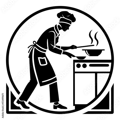 Silhouette of a chef in uniform cooking on a stove inside a circular frame representing culinary arts and food preparation