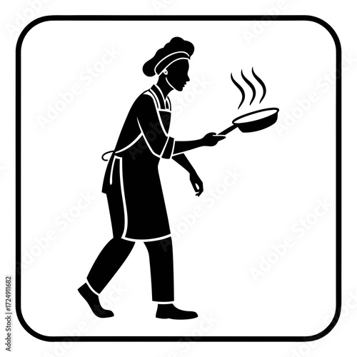 Silhouette of a chef wearing a hat and apron holding a frying pan with steam rising indicating cooking or food preparation in a stylized graphic
