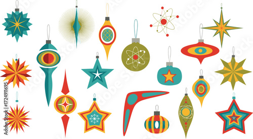 Retro Christmas ornaments in vibrant colors and geometric shapes for festive decoration, holiday design, seasonal vector art, and celebration themes