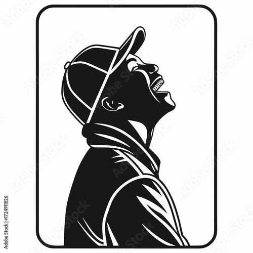 Joyful young man wearing a baseball cap and hoodie laughing with his head tilted back in a stylized black and white illustration