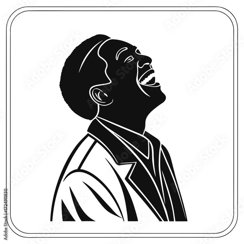 Stylized black and white silhouette illustration of a joyful black man in a suit laughing heartily with his head tilted back and mouth wide open