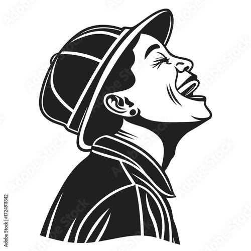 Joyful retro style illustration of a woman wearing a hat and laughing with her head tilted back in pure delight and happiness