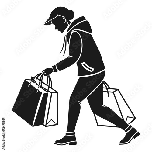 Silhouette of a woman wearing a baseball cap and hoodie carrying multiple shopping bags with a determined stride symbolizing consumerism and retail therapy