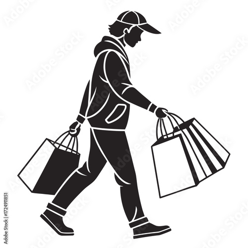 A person wearing a baseball cap and hoodie walks with shopping bags in each hand depicted in a clean black and white silhouette style