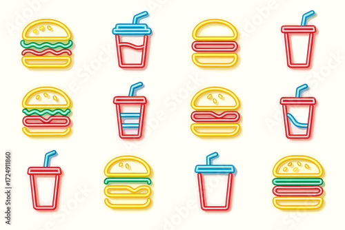 Colorful neon fast food icons: burgers and drinks in playful outline style