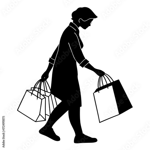 Silhouette of a woman walking with shopping bags in each hand representing consumerism and retail therapy on a white background