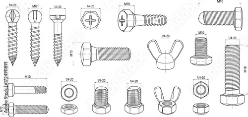 Screws Bolts Nuts Washers Technical Drawing with Dimensions and Thread Sizes for Engineering, Manufacturing, Vector Mechanical Design Illustration