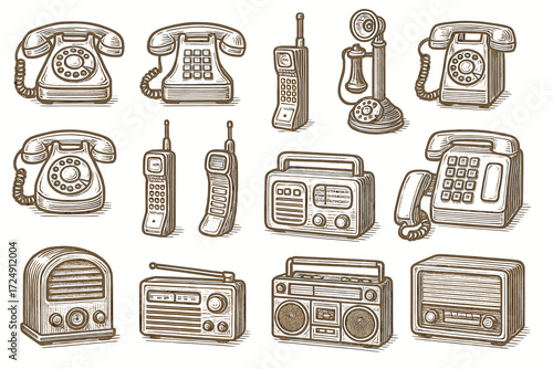 Vintage communication devices collection featuring telephones and radios