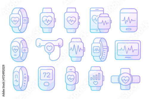 Wearable health tech: heart rate monitors and smartwatches icons collection
